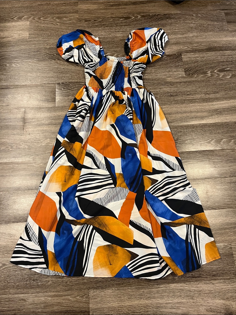 Cato Abstract Puff-Sleeve Dress in Blue, Orange, Black & White